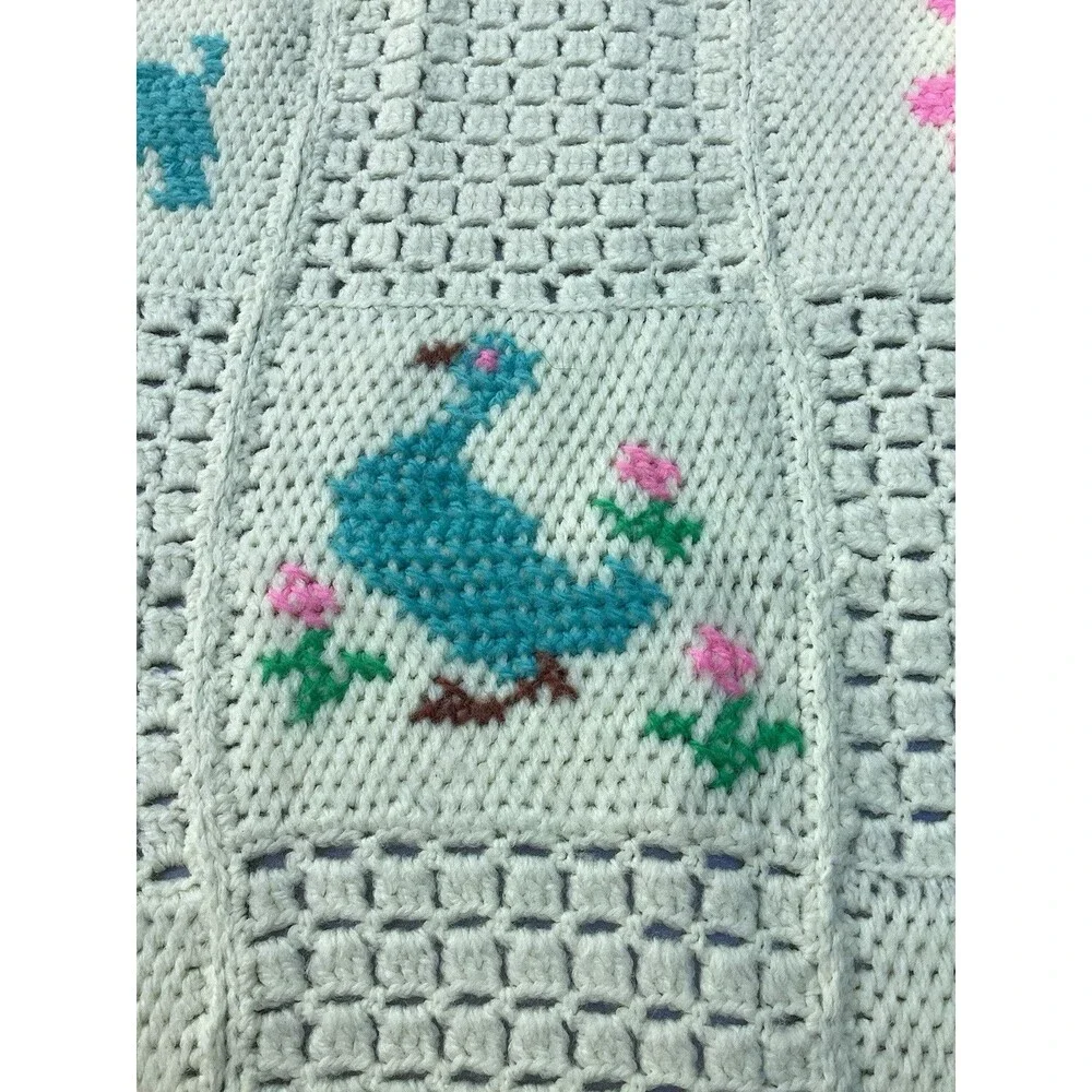 Vintage Crochet Baby Blanket Afghan Throw White Blocks Squares Animals Handmade